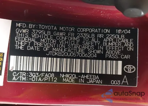 2005 Toyota Prius z USA, uszkodzony, nr VIN JTDKB20U057006204